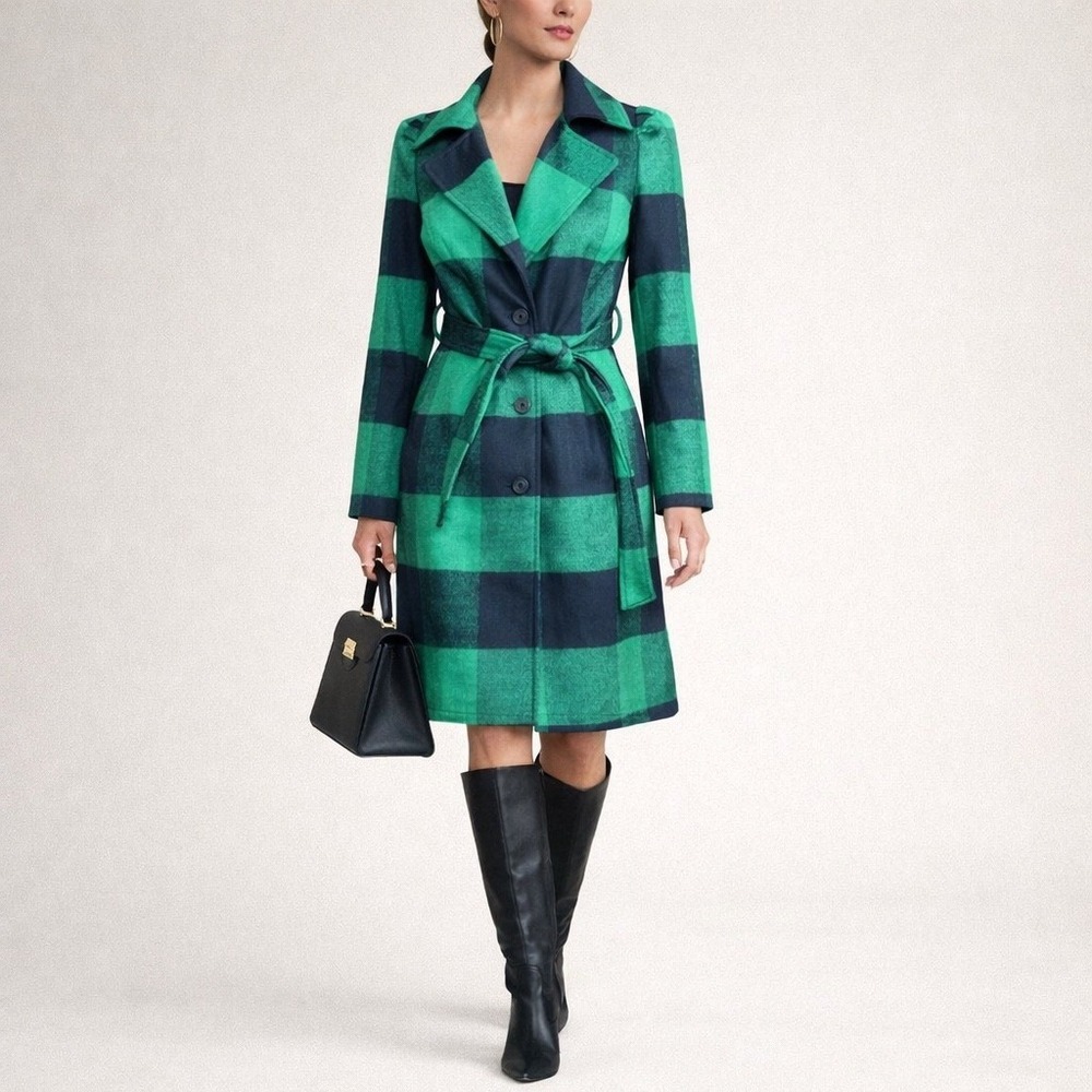G by Giuliana Green Buffalo Plaid Belted Coat Jacket Women's Size XS Black Label